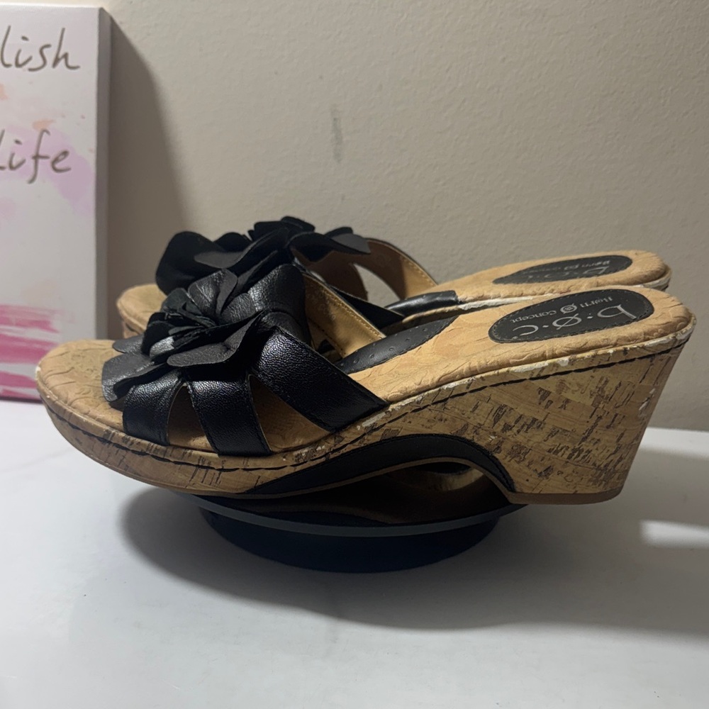 “SOLD” b.o.c. Born Concept Black Floral Cork Wedge Sandals - Size 9